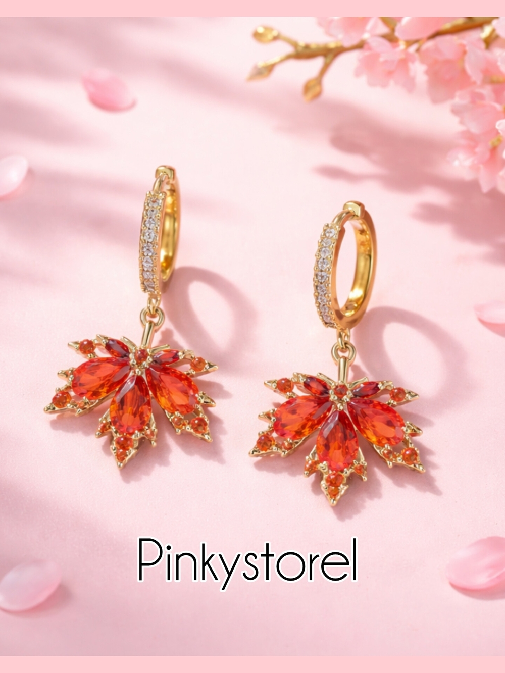 Gold Hoop Earrings with Orange Crystal Floral Drops